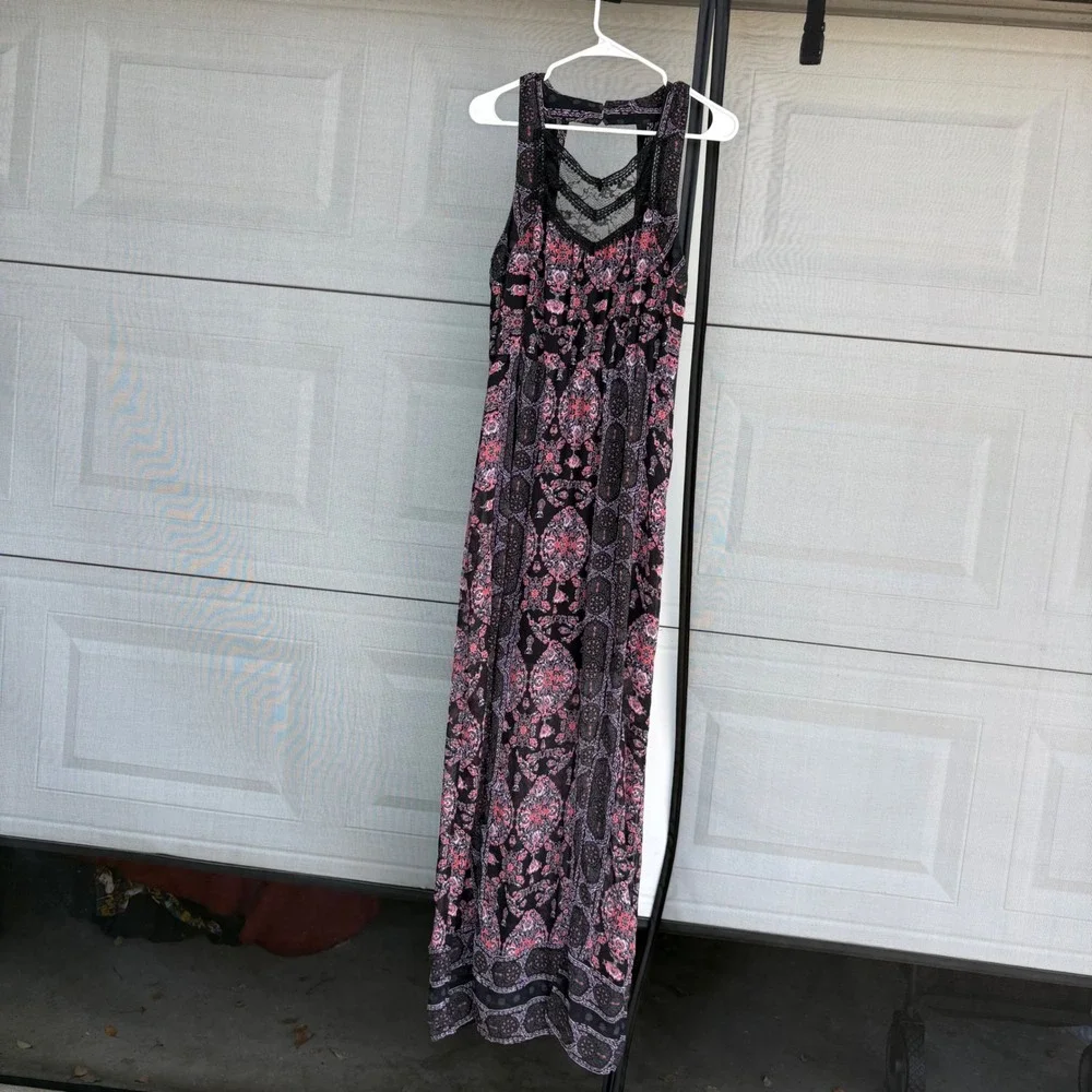 Free People Moroccan Printed Lace Yoke Slit Front Maxi Dress Black Pink 8